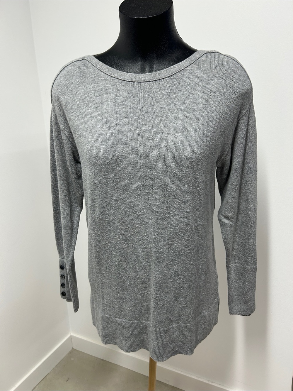 J. Jill Heather Grey Boat Neck Wool Blend Sweater with Button Cuffs